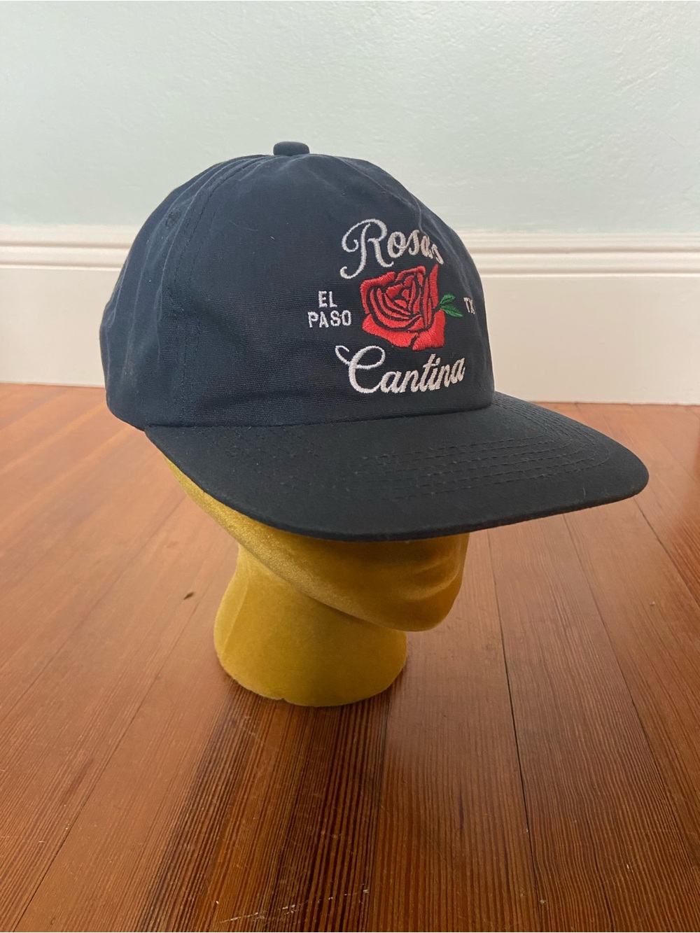 Rosa's Cantina El Paso TX Embroidered Navy Baseball Cap with Red Rose